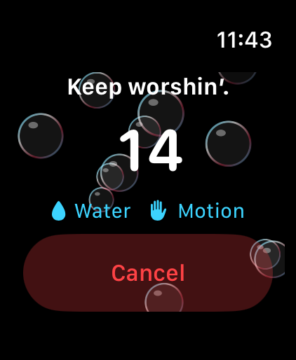 Apple Watch Ultra showing the Worsh timer running: Keep worshin’.